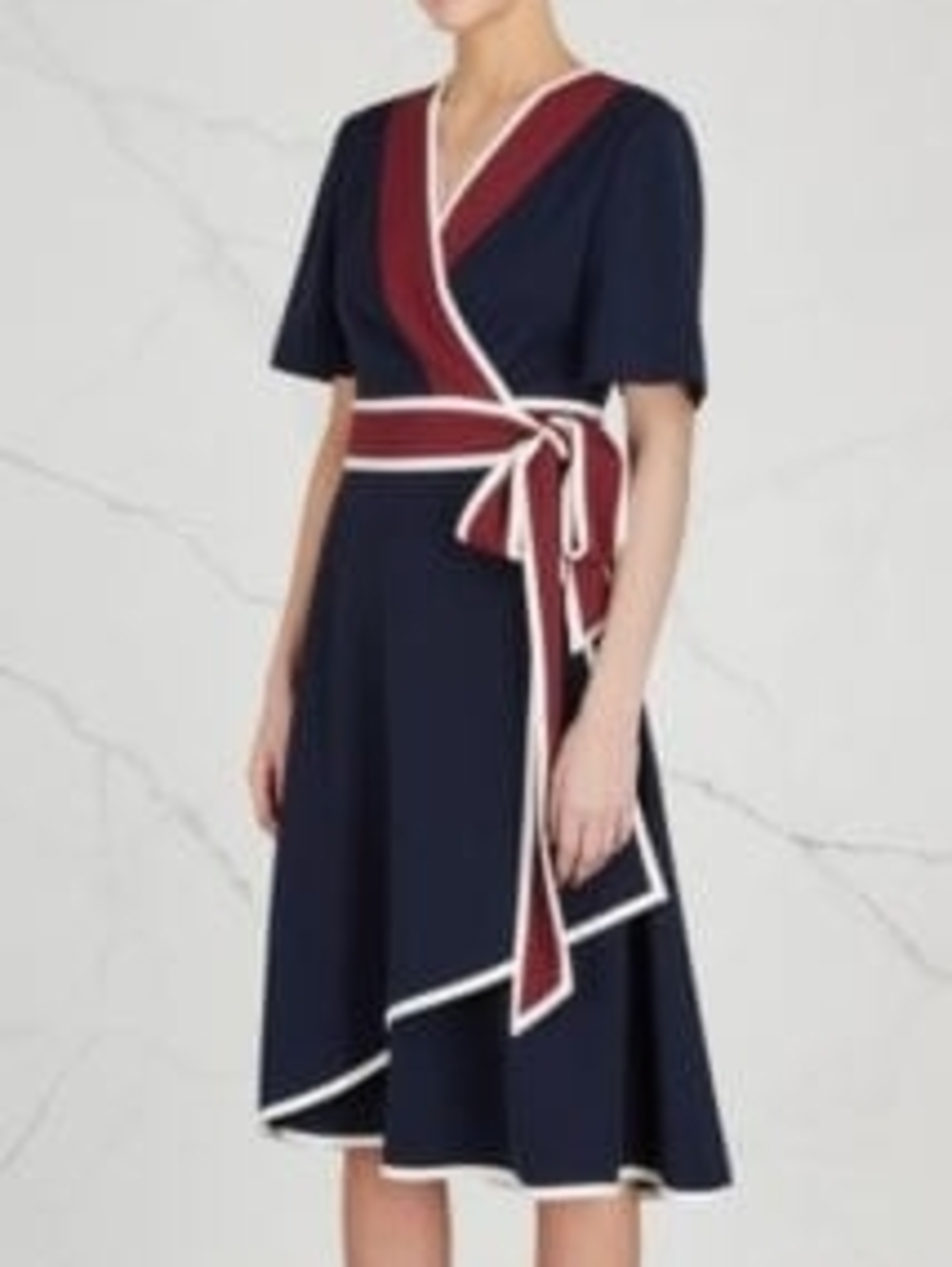Tory Burch Navy Midi Wrap Dress with Burgundy and White Trim